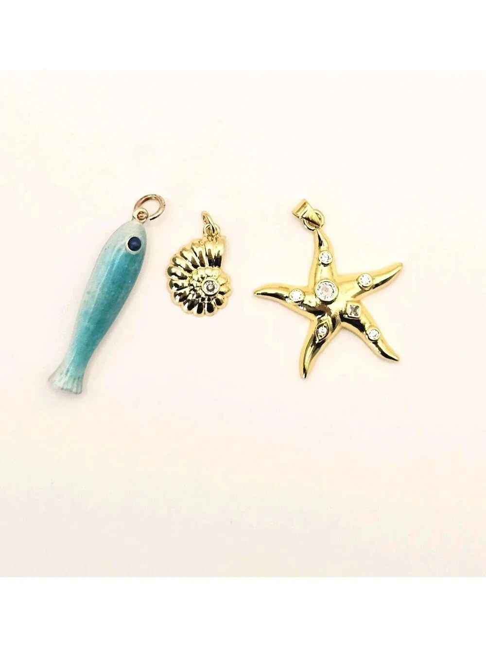 14K Gold Plated Ocean Charm Set Fish Starfish Shell CZ Enamel Pendant Lot of 3